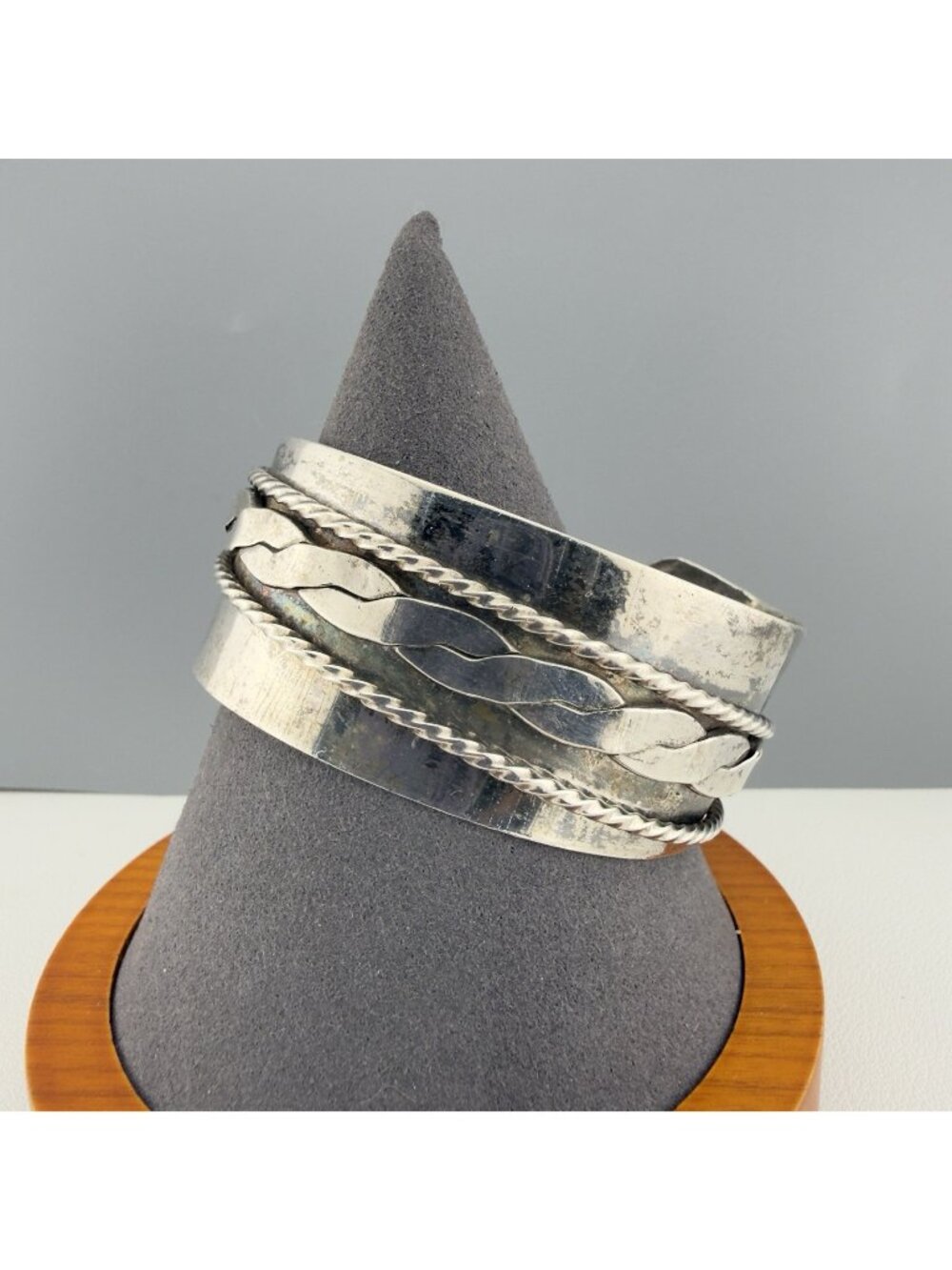 Silver Tone Cuff Bracelet Wide Braided Chain Open End 6.5 Adjustable